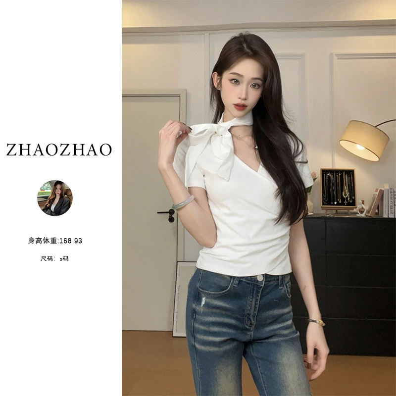 【ZHAOZHAO】2025春夏洋气修身弹力褶皱交叉V领飘带短袖纯欲显瘦T恤