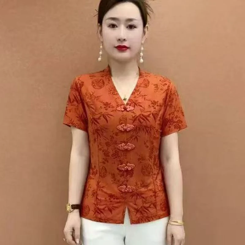 夏季新款宽松时尚0打底衫中老年女装盘扣ins风泰式复古新中式上衣