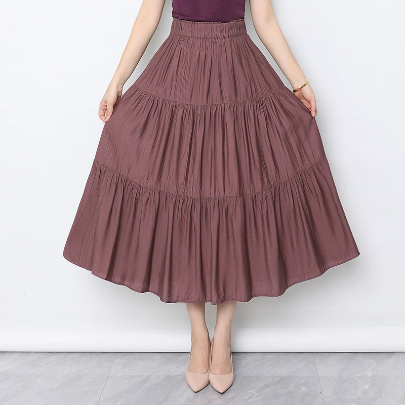 百褶a字半身裙2025夏新款松紧高腰中长款蛋糕裙薄款休闲半裙大摆