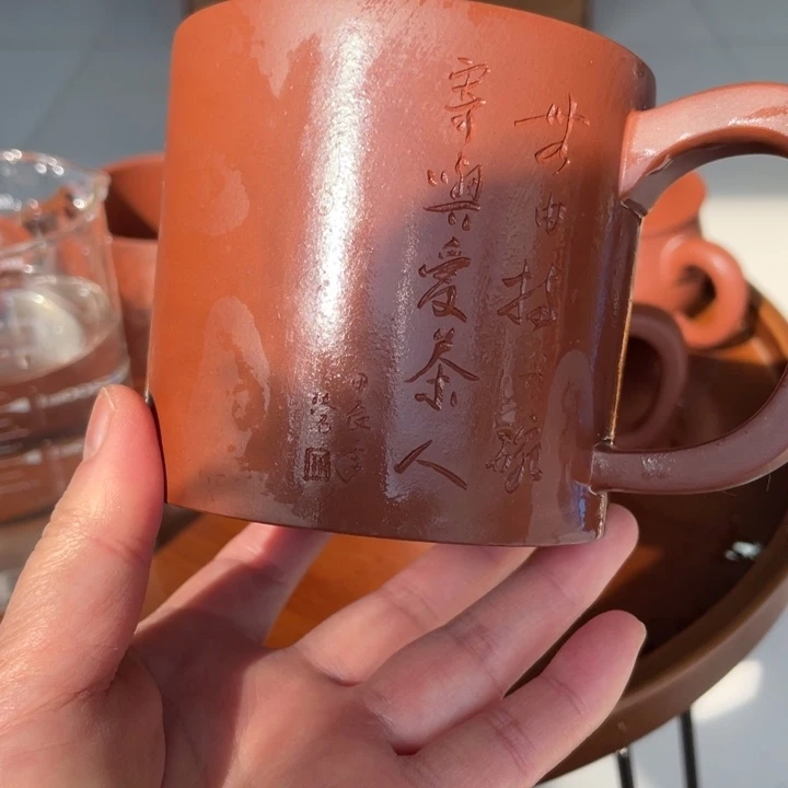 红泥茶壶红皮龙刻竹节手工制作
