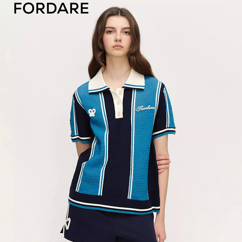 FORDARE设计师春季新品蓝色条纹复古毛衫上衣