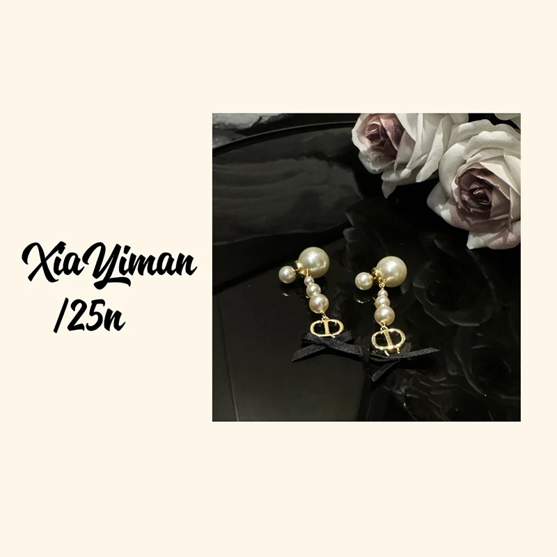 铜合金仿珍珠耳饰 黑色蝴蝶结珠珠流苏耳钉MZ3099