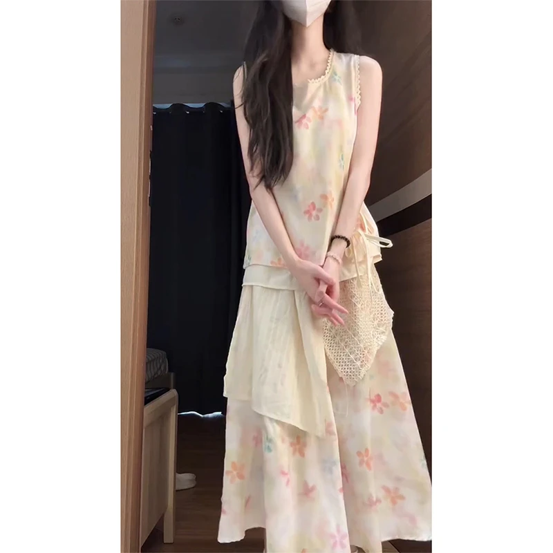 夏日绝美穿搭套装多巴胺甜美碎花无袖背心衬衣半身裙女夏两件套女