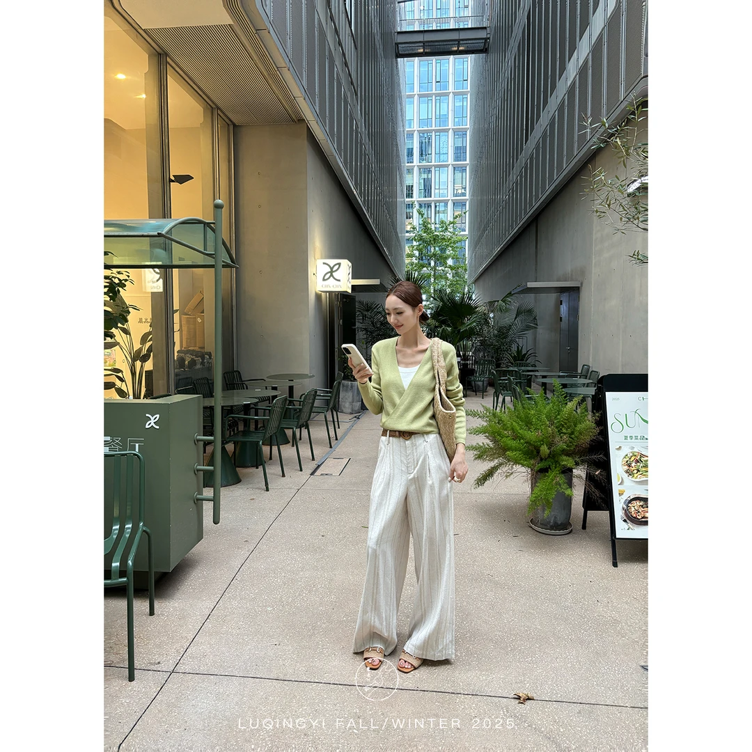 鹭青一【与时 9.26 20:00 新品】复古亚麻条纹打褶休闲裤L25K3348K
