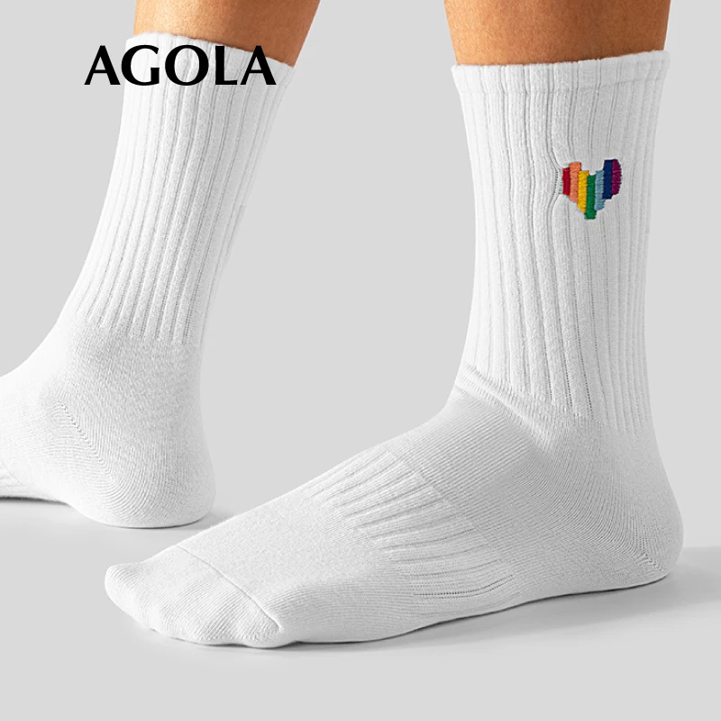 AGOLA男士袜子抑菌吸汗透气防臭男生白色运动袜黑色棉袜彩虹白袜