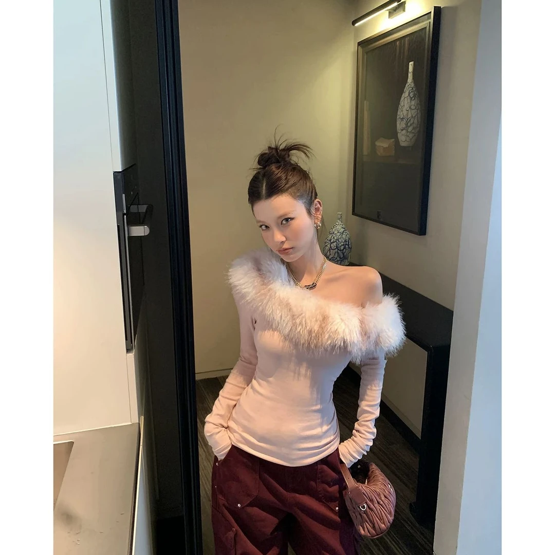 可拆卸毛领斜肩T恤打底衫女秋冬设计感辣妹上衣复古工装裤两件套