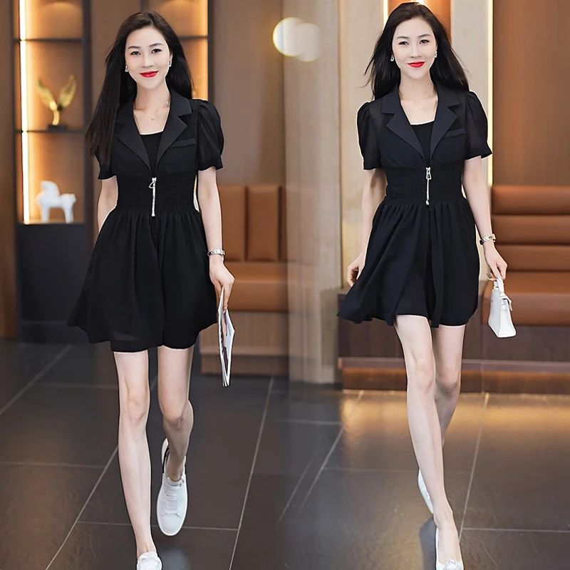 高级感套装裙女2025年夏季新款翻领泡泡袖衬衫阔腿短裤背心三件套