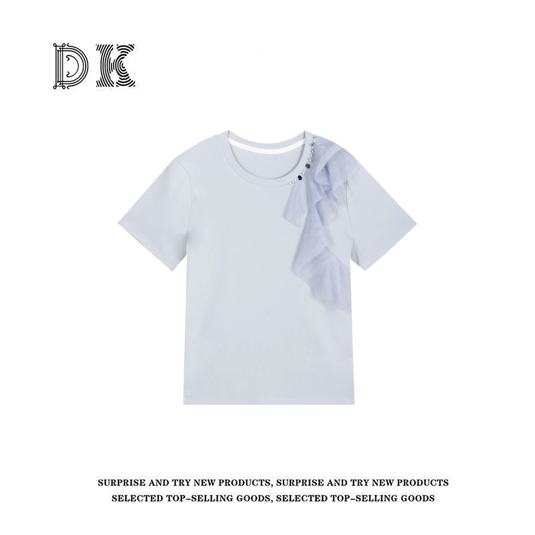 『绅士礼小姐』2025年夏季新款设计感网纱纯色圆领重工上衣【DK】