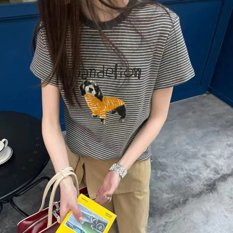 撞色条纹短袖t恤女夏季设计感小众刺绣上衣韩版休闲宽松圆领上衣