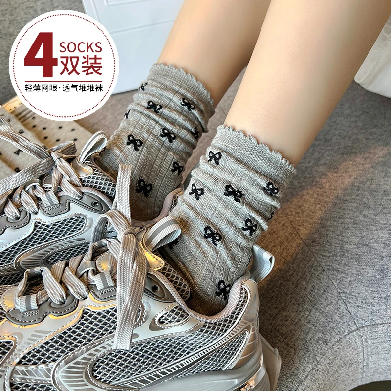 灰色袜子女款春秋中筒袜花边蝴蝶结女生日系棉透气春夏堆堆袜长袜