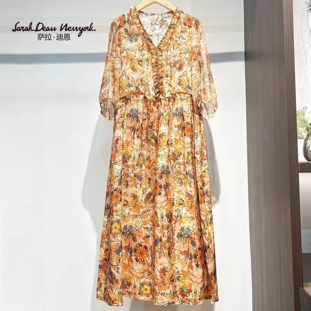 【萨拉迪恩】桑蚕丝轻奢碎花春季法式V字领长款连衣裙长裙