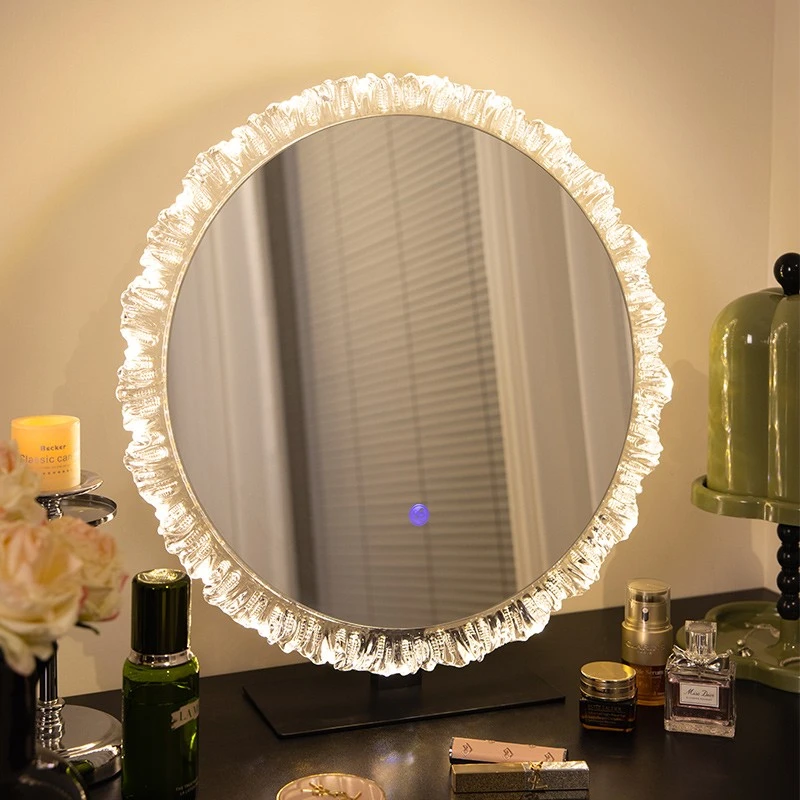 新潮欧式花瓣水晶化妆镜led三色光梳妆台镜梳妆镜大号镜子化妆镜