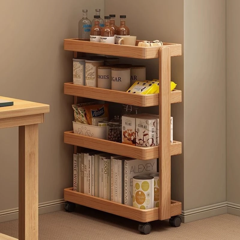 实木书架书桌旁置物架零食收纳架落地夹缝小推车储物架可移动书柜