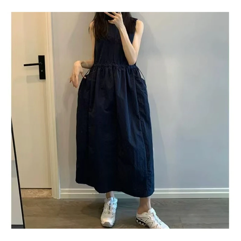 新款韩版宽松无袖连衣裙法式休闲抽绳收腰设计感背心裙女2025