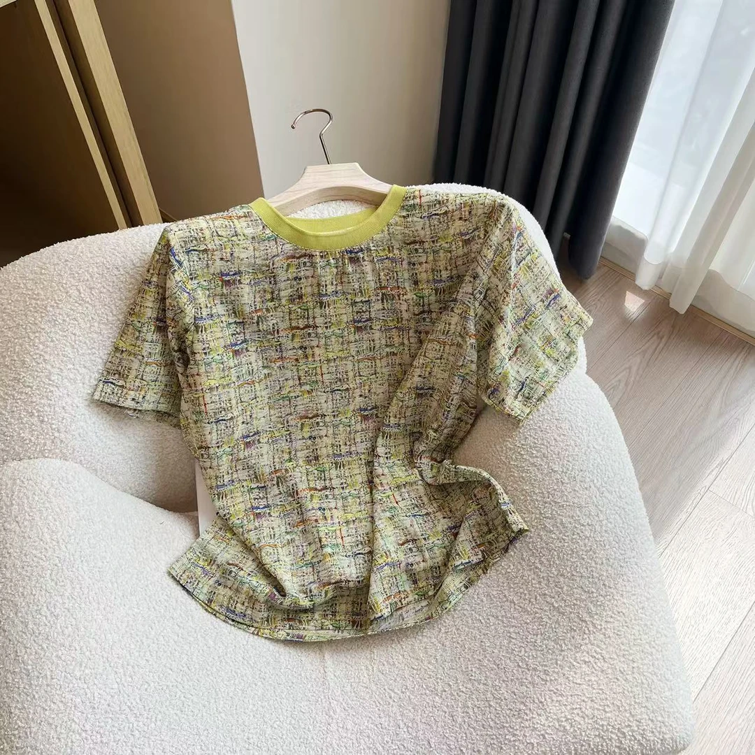 【豆子推荐】7019 夏季圆领撞色花纹时尚百搭薄款小清新上衣T恤