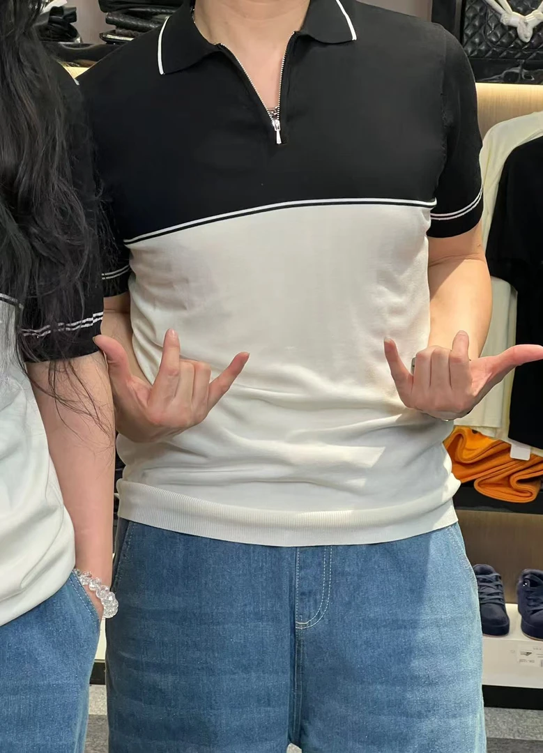 31298-短袖针织常规拉链Polo衫撞色潮流男装t恤