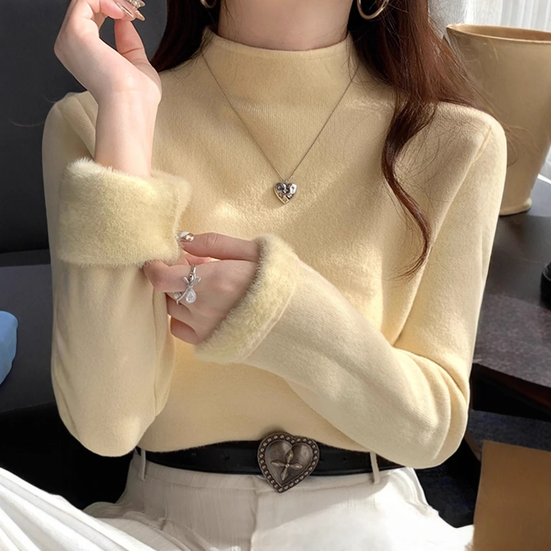 奶黄色一体水貂绒加厚半高领长袖针织打底衫女秋冬季内搭中领上衣