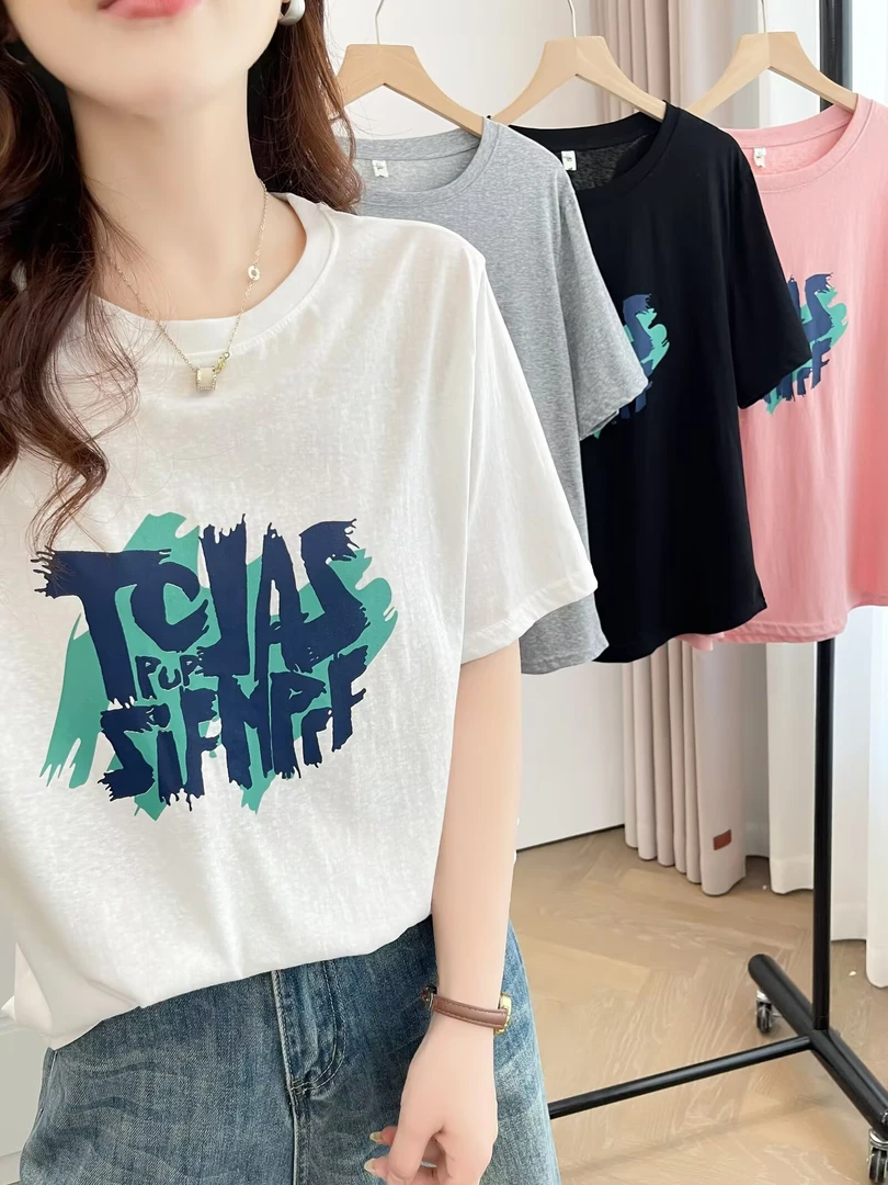 圆领短袖印花粉色冰丝圆领T恤女士时尚失序混搭风