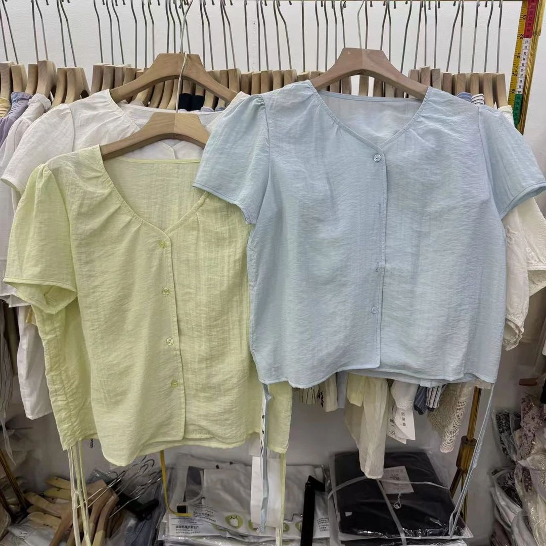 福利#25311V领腰带抽绳小衫百搭夏季时尚休闲