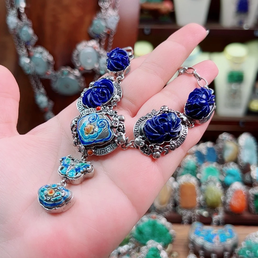 青金石银S925镶嵌手链国风