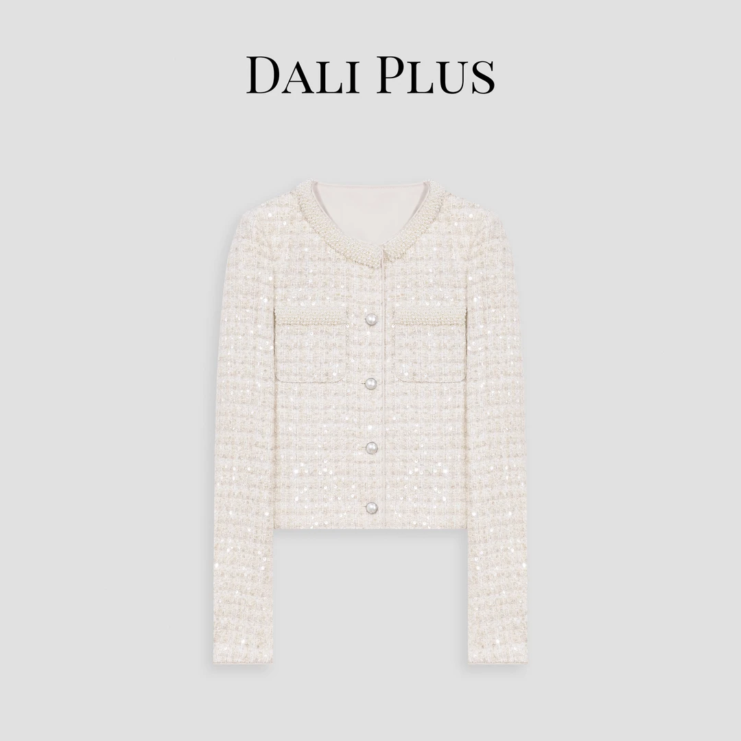 DALI PLUS重工轻奢珍珠圆领小香风羊 毛粗花呢外套-D5KK0010