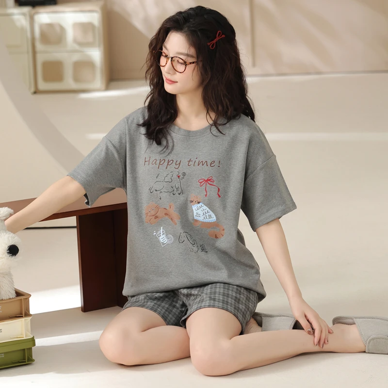 卡之恋睡衣女款夏天薄款可爱猫咪涂鸦学生套装短袖卡通印花家居服