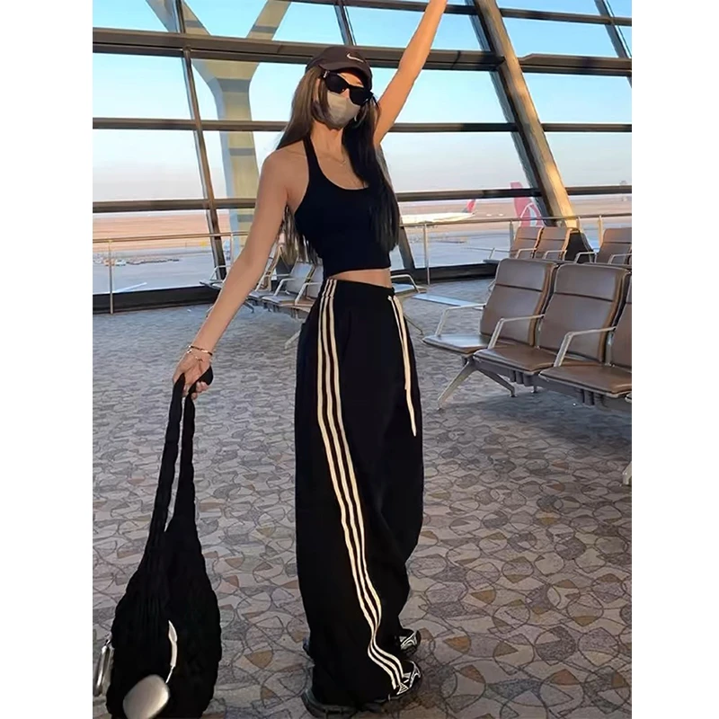裤长112cm高个子加长美式街头三条杠阔腿裤女夏季抽绳宽松运动裤
