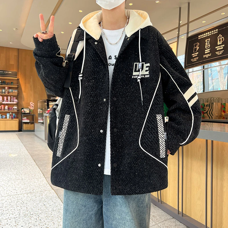 2025春秋新款青年休闲宽松夹克撞色韩版日系外套可拆帽帅气外套男