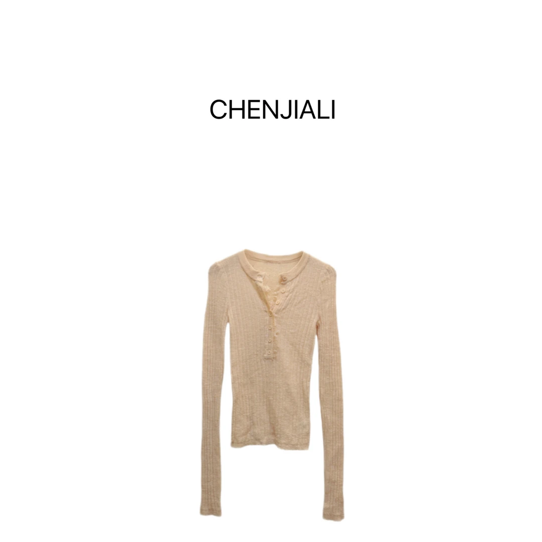 CHENJIALI 纯欲风蕾丝V领内搭打底衫女修身长袖针织辣妹上衣