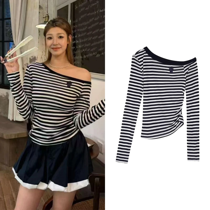 【T恤】2025夏季新品时尚设计款斜肩藏青条纹长袖T恤上衣M6258