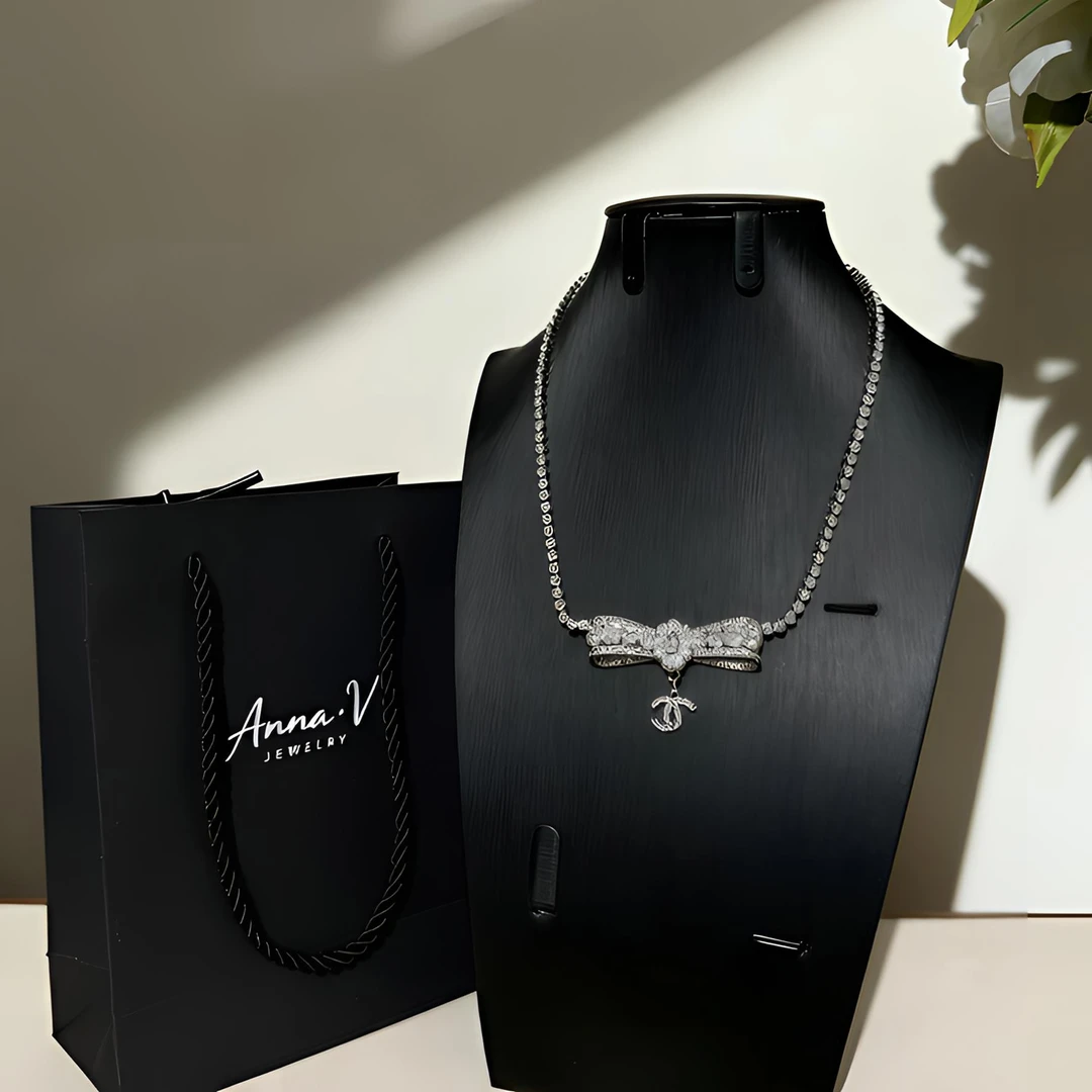 铜合金仿珍珠项链 AnnaV香奶家轻奢满钻蝴蝶结项链N0120