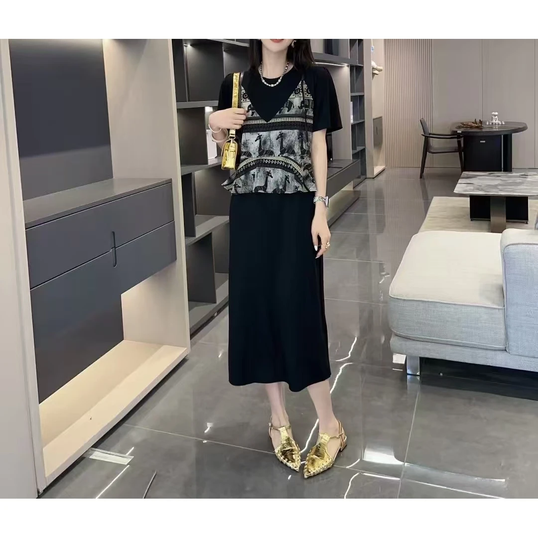 【老四推荐】特体大码简约假两件轻奢显瘦过膝连衣裙9089