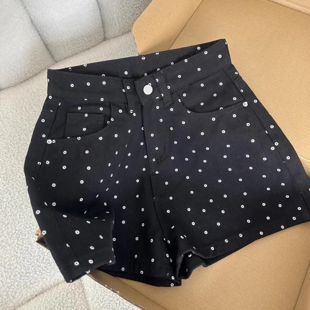 黑色波点碎花牛仔短裤女夏季风高腰设计阔腿字热裤子遮跨显瘦