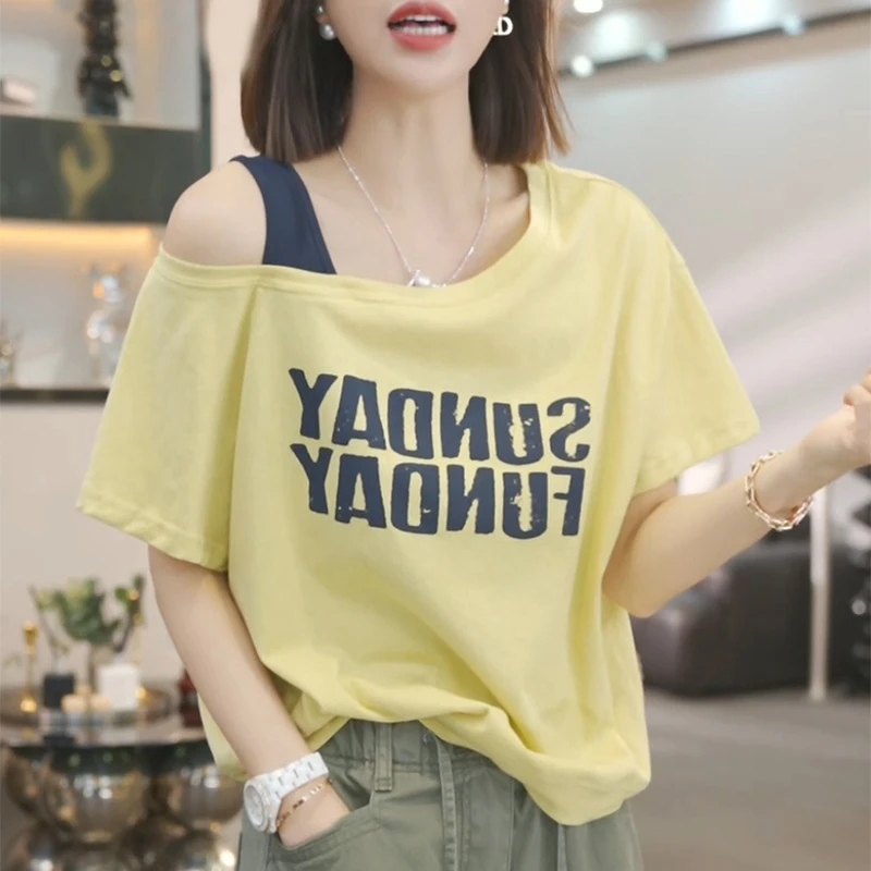 斜肩字母印花短袖t恤女夏季黄色体恤2025顺款韩系小众设计感上衣