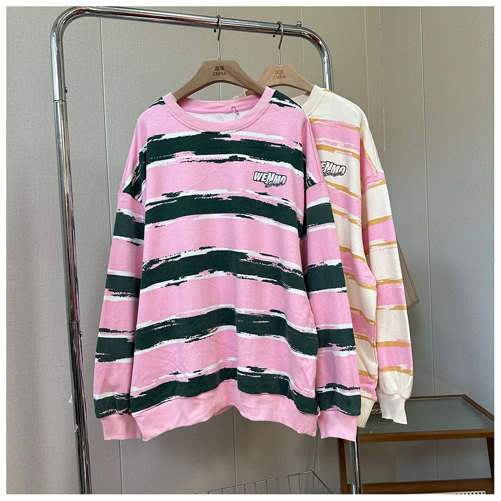 1W003春季新款休闲宽松长袖圆领休闲条纹卫衣女
