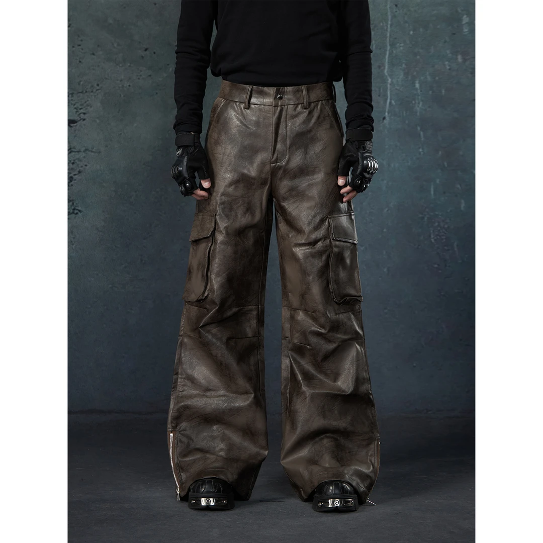 无人孤岛 小众设计脏染水洗做旧进口肌理感pu皮宽松直筒阔版长裤