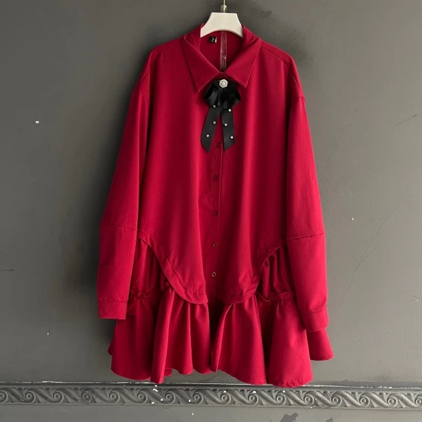 秋季大码女装胖妹妹POLO领宽松显瘦遮肉长袖衬衫上衣