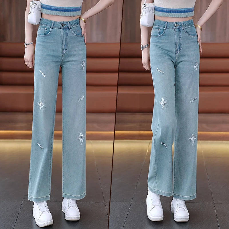 牛仔阔腿裤女2025年夏季新款高腰刺绣宽松薄款休闲冰丝九分直筒裤
