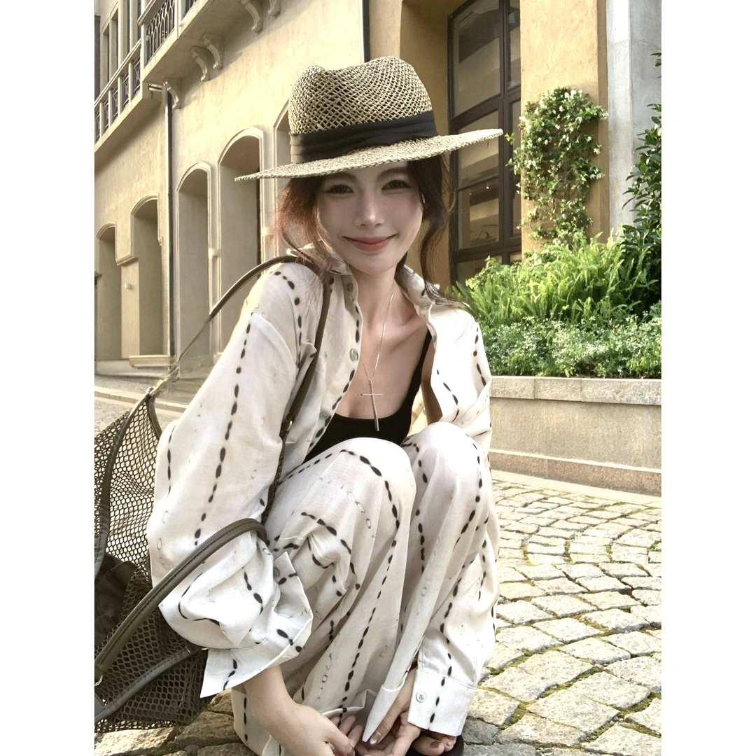 夏季新款宽松慵懒i休闲老钱风套装印花防晒衬衫阔腿休闲裤两件套