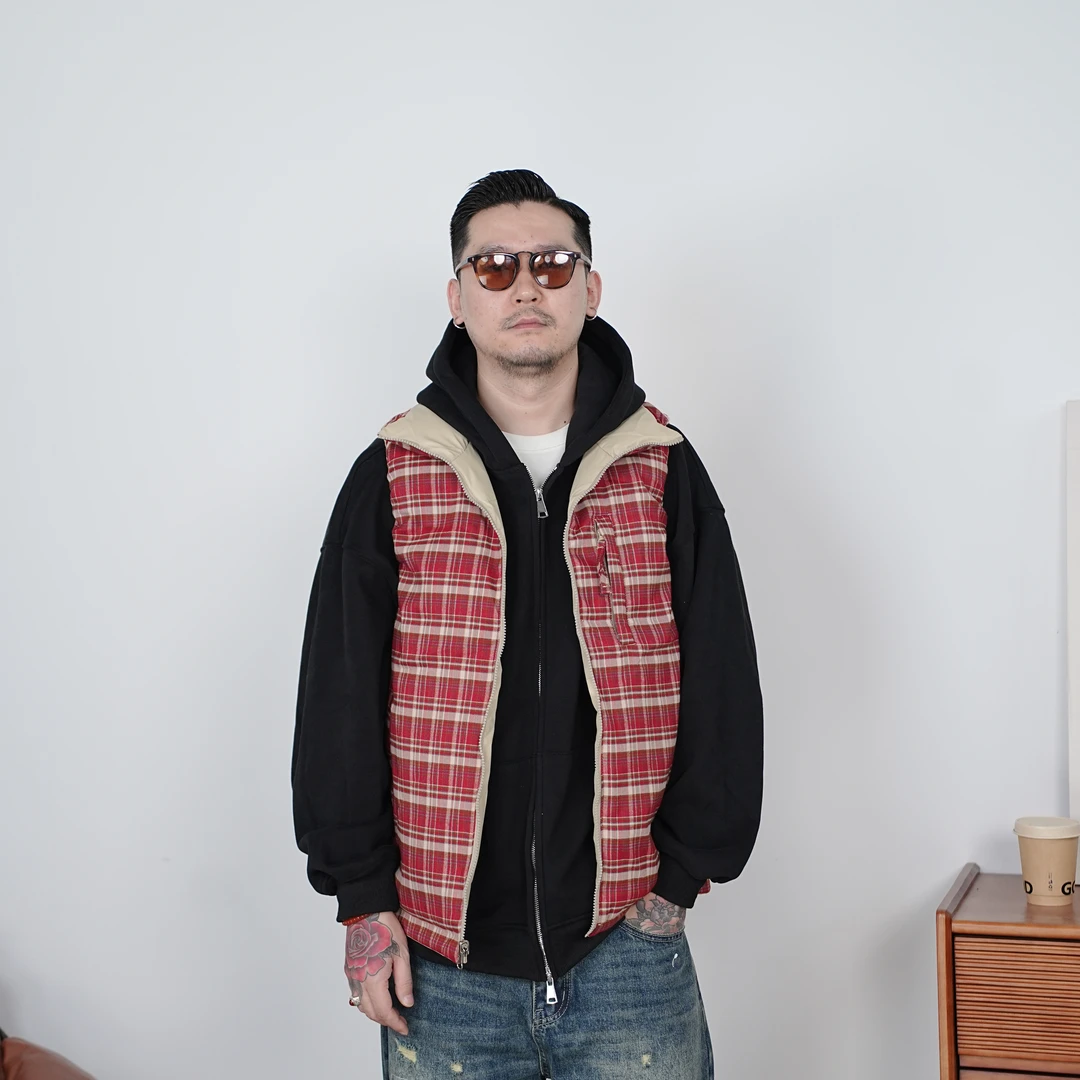 25FW秋冬经典格纹双面穿马甲棉服日系复古撞色棉马甲