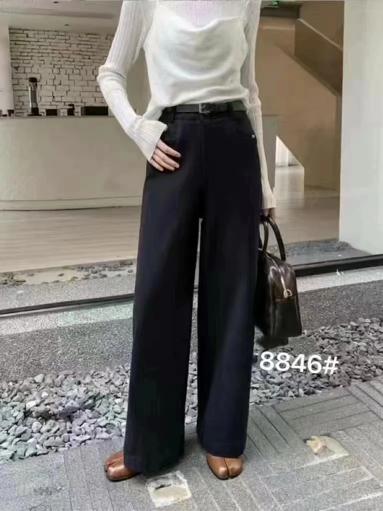 冬季新款百搭抓毛窄版阔腿牛仔裤8846