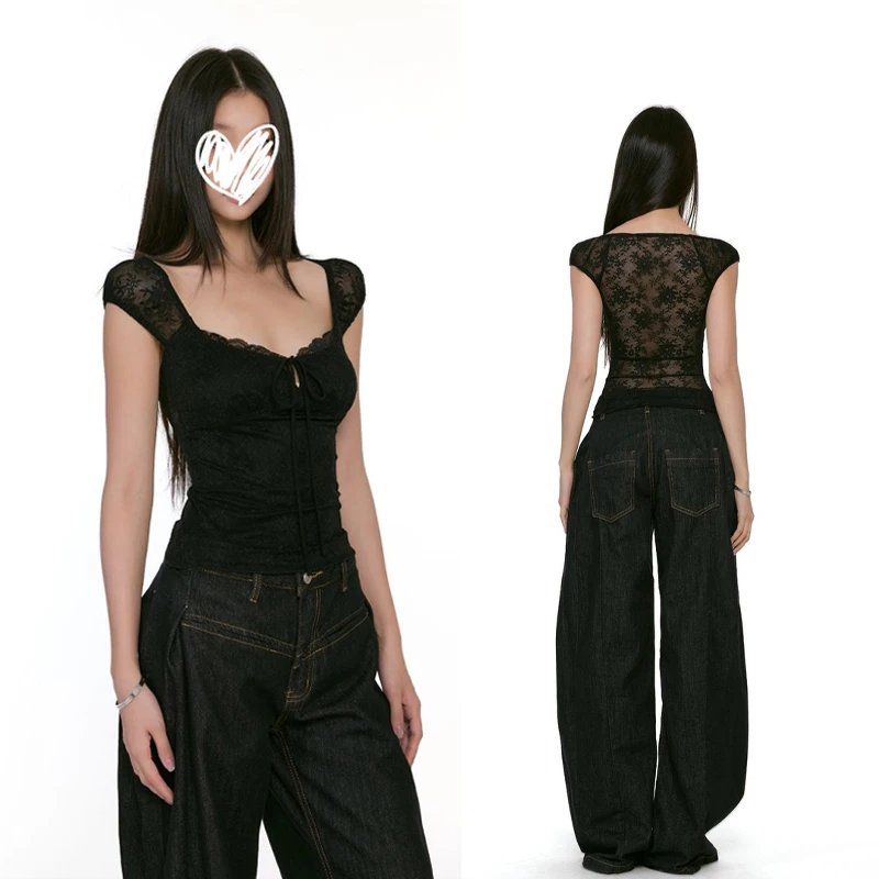 【现货!!!带运费险】夏季性感辣妹方领镂空修身T恤女蕾丝拼接短上衣