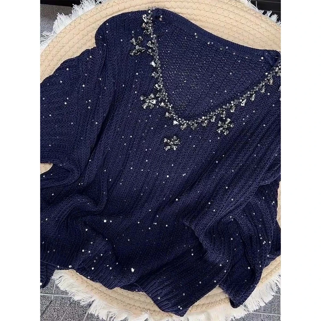 法式蓝色烫钻针织衫轻奢重工设计镂空慵懒感v领长袖薄款毛衣早秋