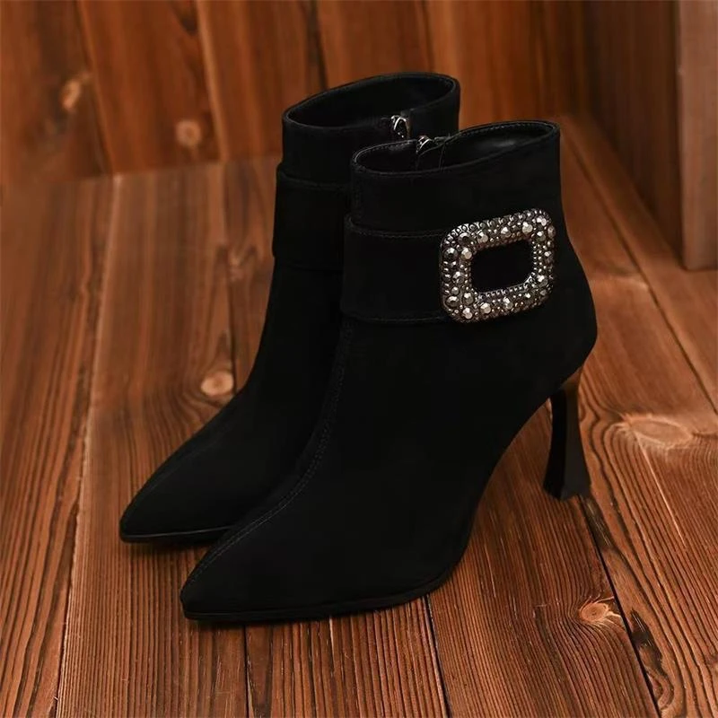 显瘦水钻方扣磨砂短靴女秋冬季细跟瘦瘦靴单170妈妈mm粗腿长筒靴