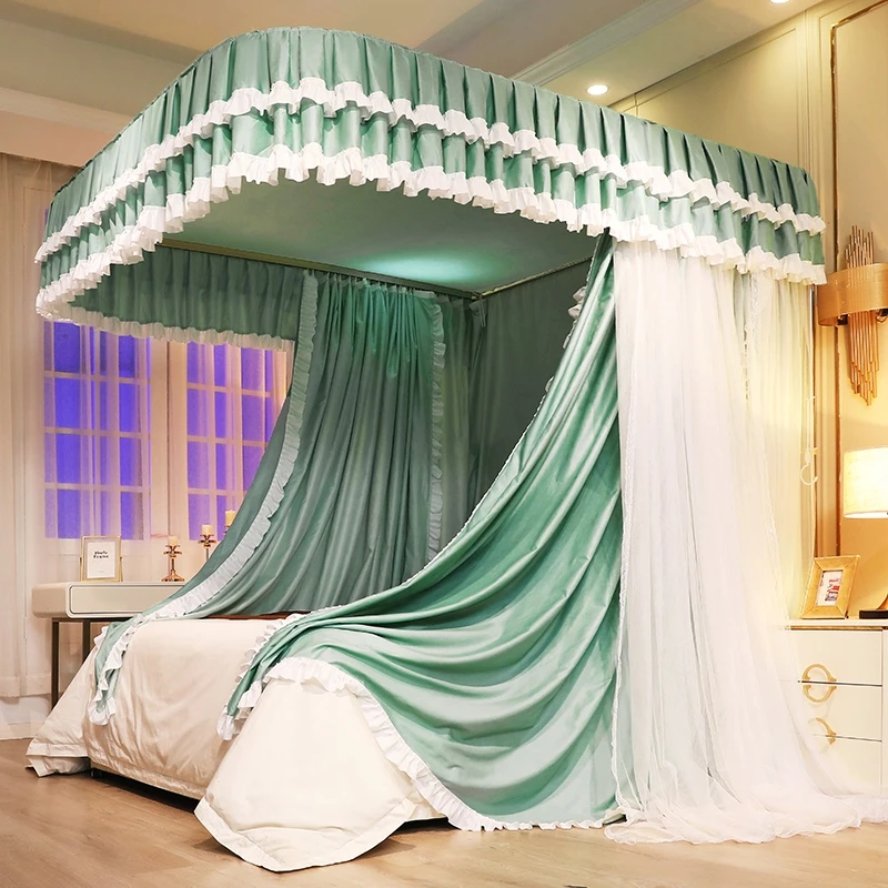 家用卧室加厚防尘顶三开门一体式公主风落地双层导轨遮光蚊帐迪