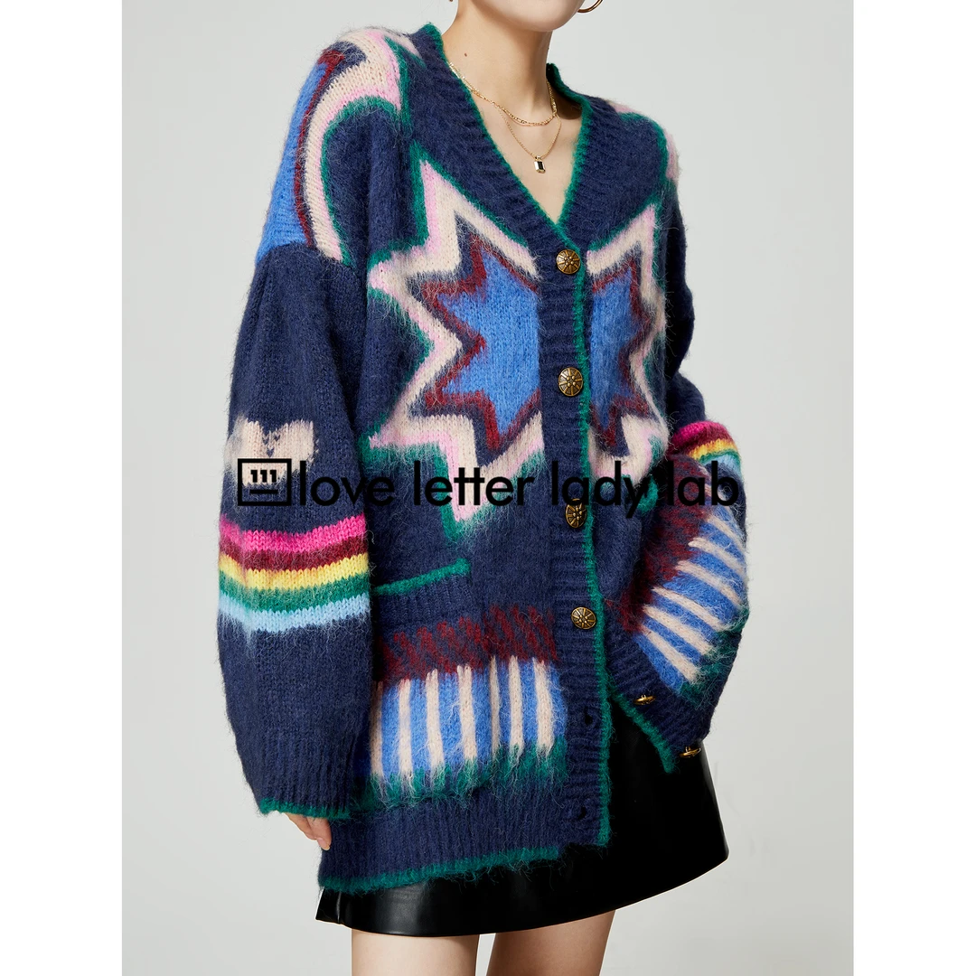 重工毛衣复古日系慵懒撞色彩虹V领小开衫新款2024爆款秋季