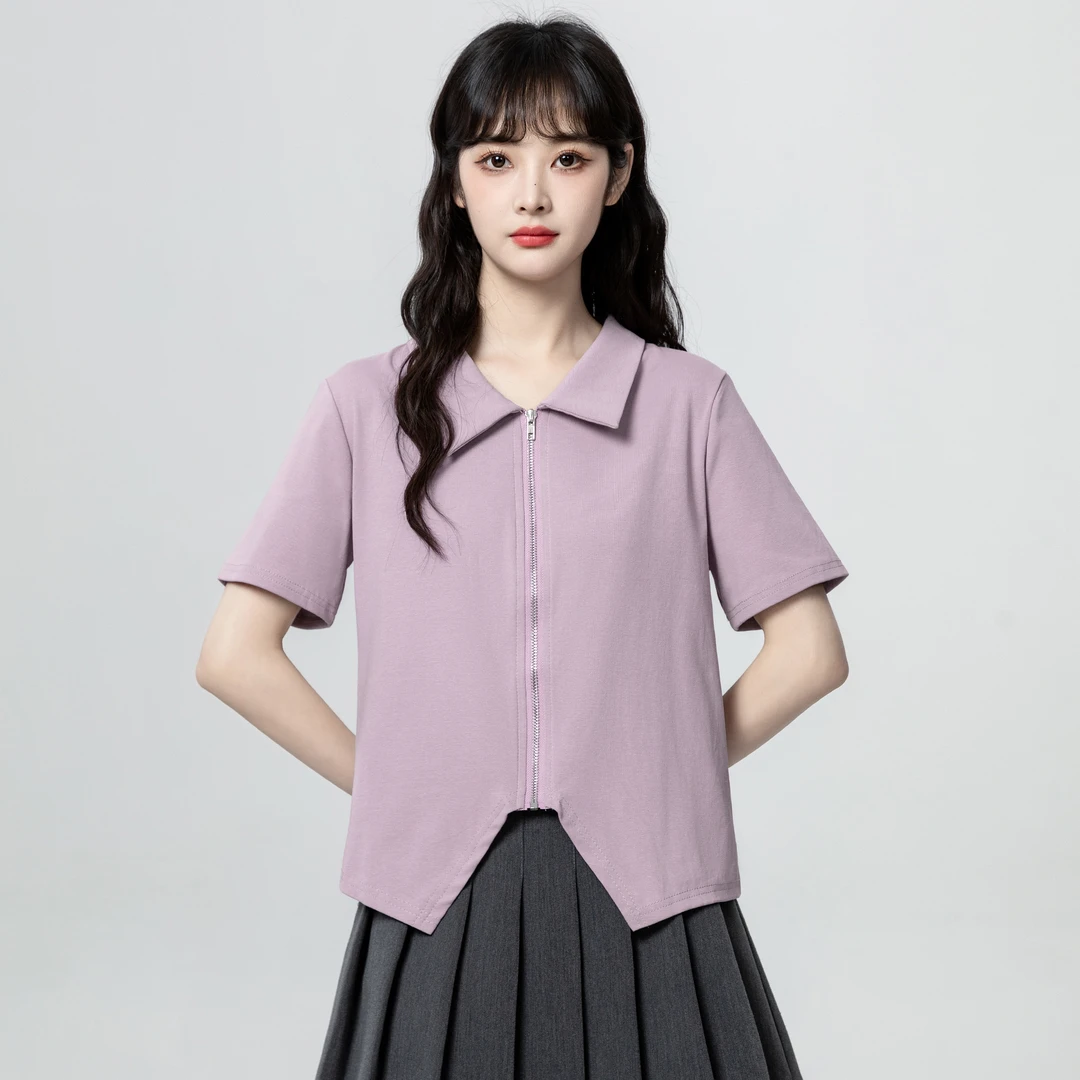 紫色翻领短袖T恤女夏2025夏季新款不规则开叉拉链正肩体恤短上衣