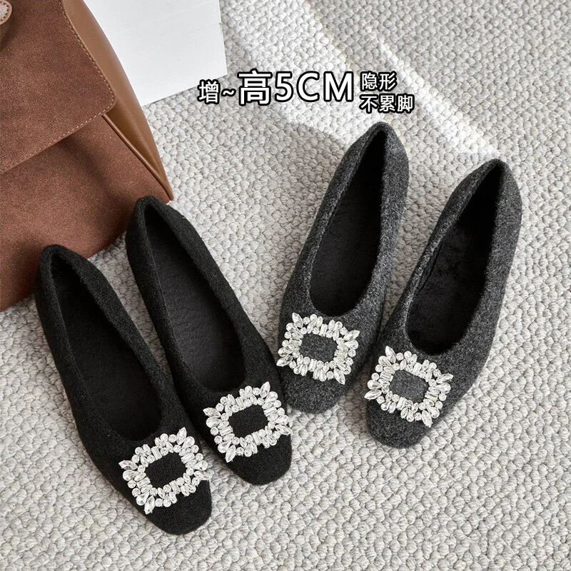 2025平底女鞋新款浅口内增高单鞋秋冬水钻气质百搭法式方头平底鞋