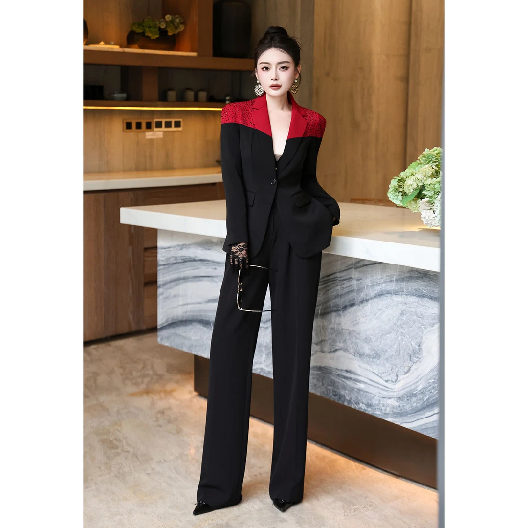 欧洲站女装时尚闪钻红黑撞色法式高级感西服套装裤商务正装两件套