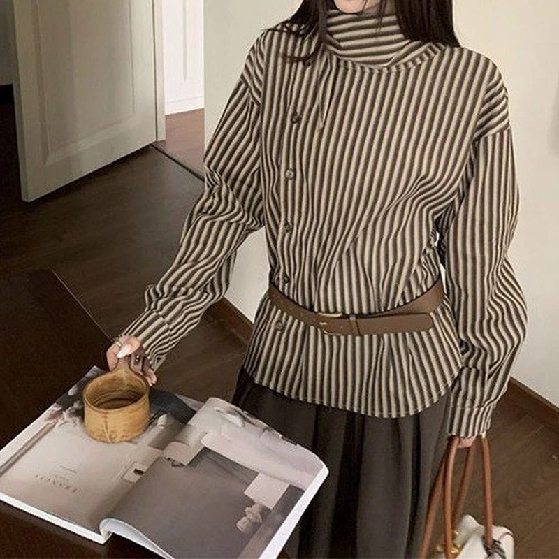 法式气质斜门襟条纹长袖衬衫女2025年春季新款韩版半高领百搭上衣
